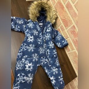 Lands' End Infant Baby Bunting Snowsuit Bunting Winter Snowflake Fur Hood 0-3 mo
